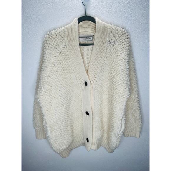 Farmers Market Lambafell Cream Nubby Knit Popcorn3-Button Cardigan Sweater OS
